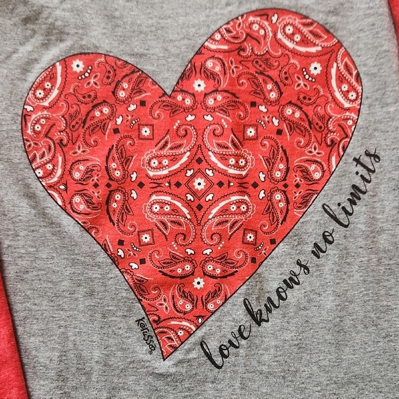Jerzees Red and Gray 3/4 Sleeve Tee with Heart Design "Love Knows No Limits"SZ M - Picture 1 of 5